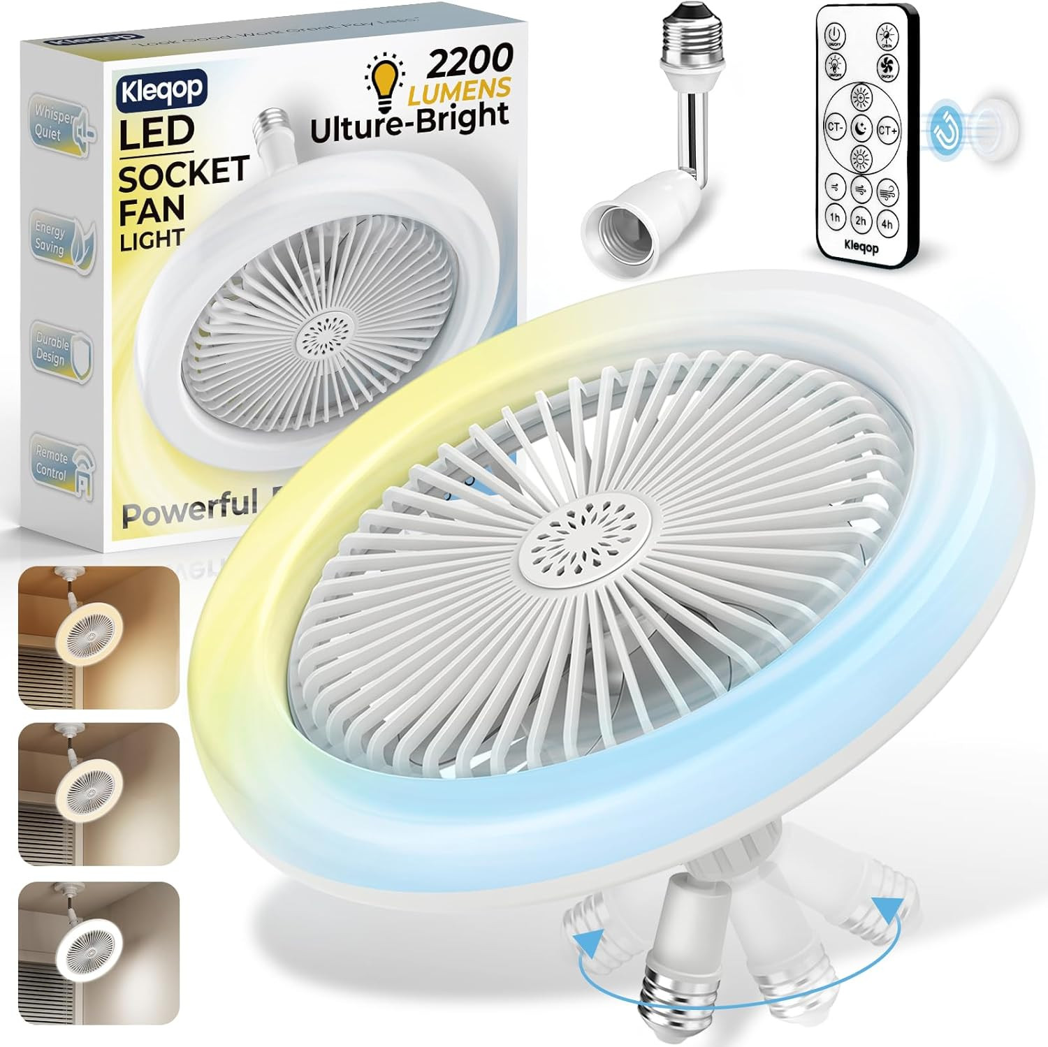Adjustable Socket Fan Light with Remote and Extender, 2200LM Enclosed LED Light
