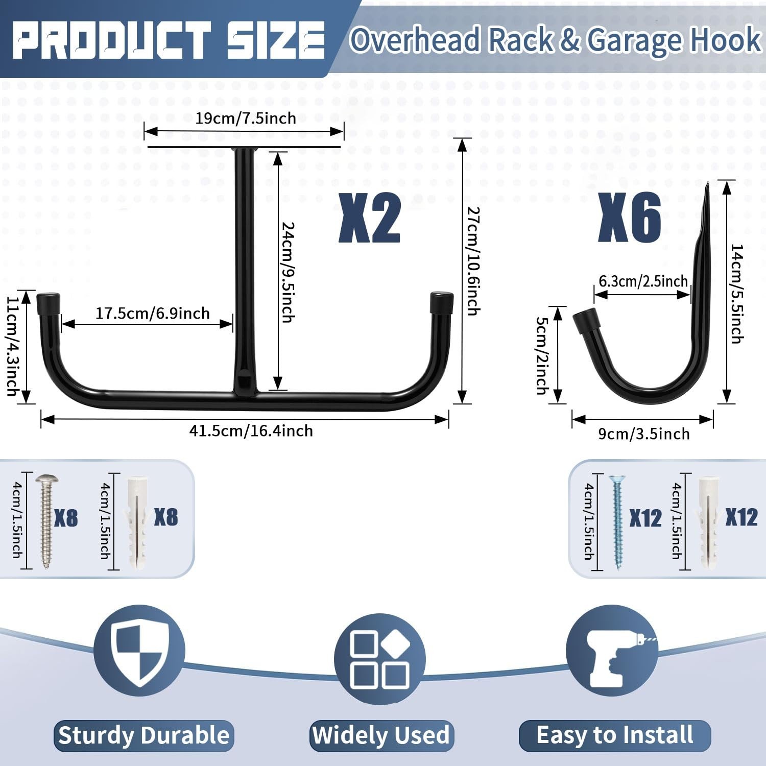 2 Pack Overhead Garage Storage Rack with 6 J Hooks, 66Lbs/Ceiling Rack & 45Lb...