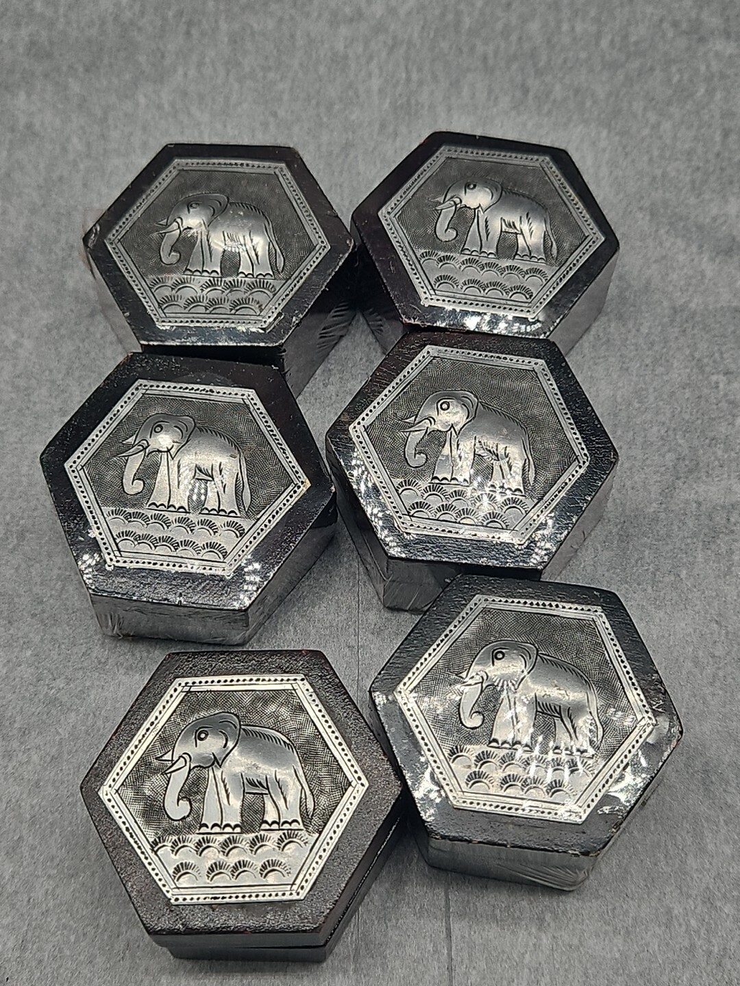 Wood Trinket Boxes Elephant Embossed Top Hexagon 1" (6)