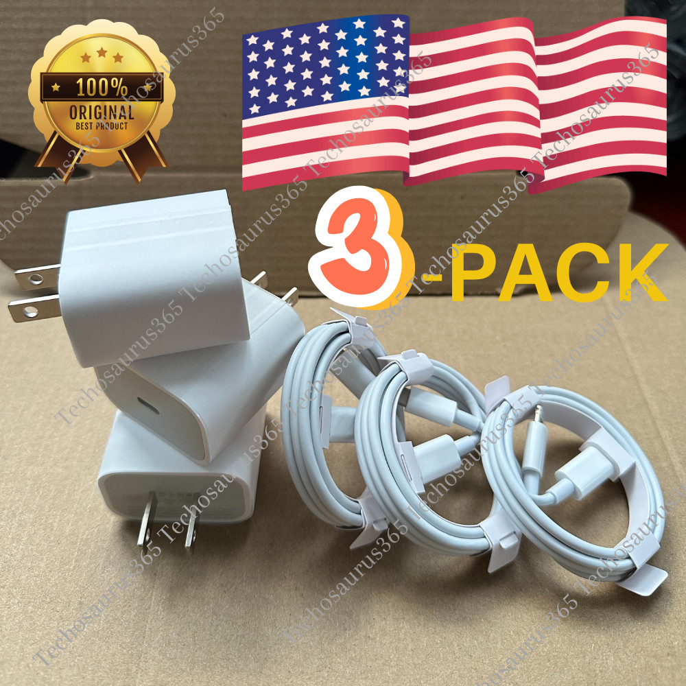 3 Pack For iPhone 14 13 12 11 XR X PD Fast Charger Cable 20W USB-C Power Adapter