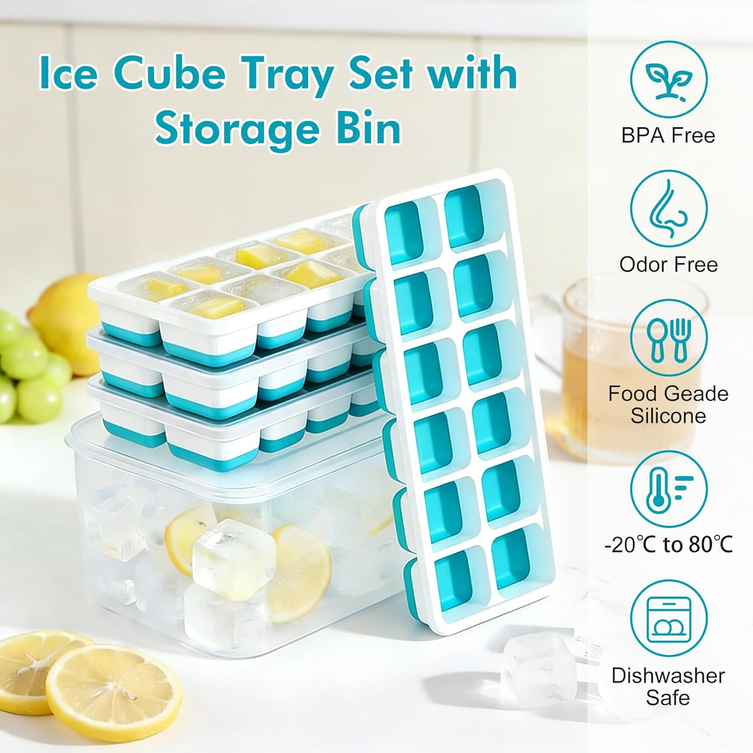 Ice Cube Tray with Lid & Bin - 4 Pack 48 Cubes Stackable Silicone FREE SHIPPING