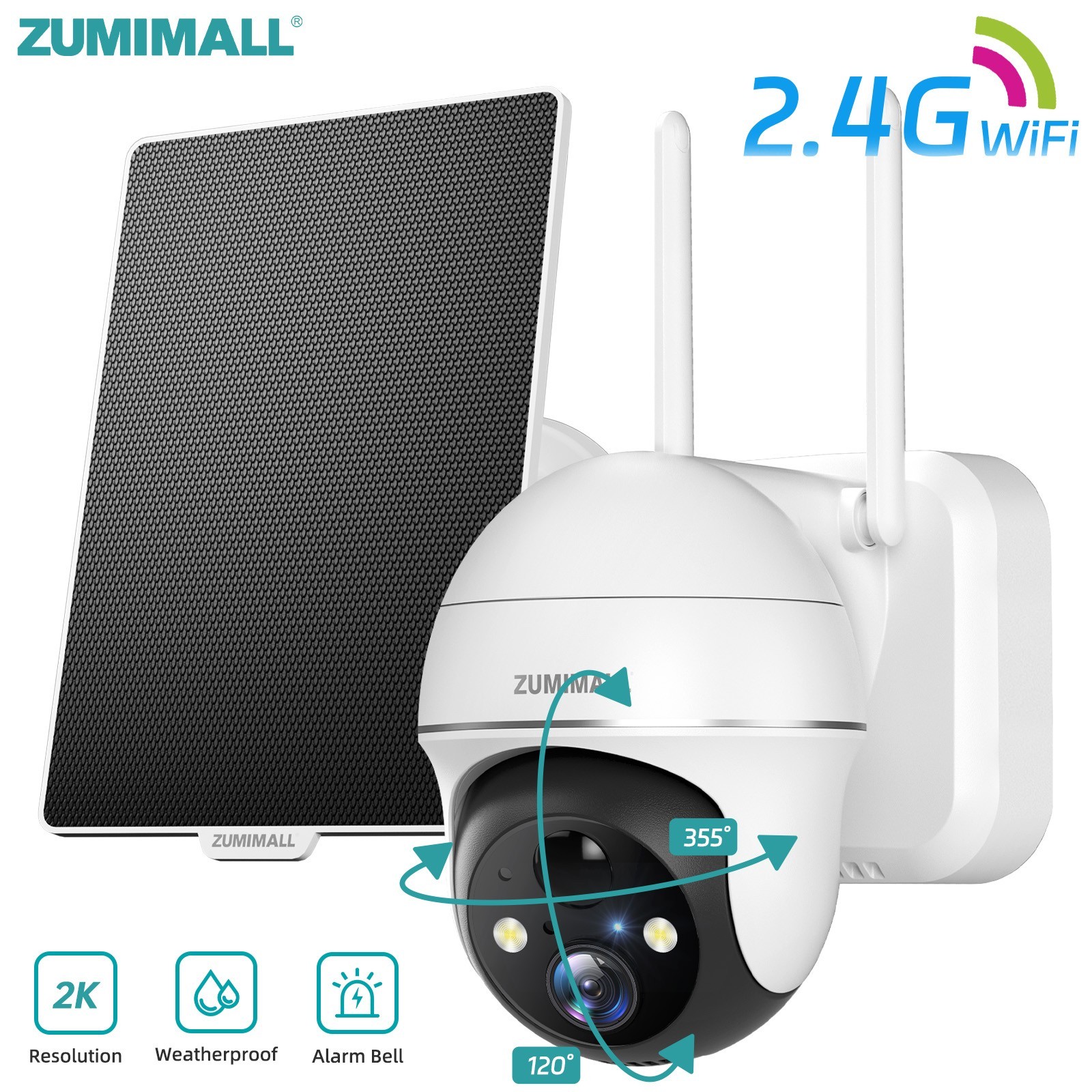 ZUMIMALL Wireless Outdoor Solar Security Camera 2K Color Night Vision 2.4GHz WiF