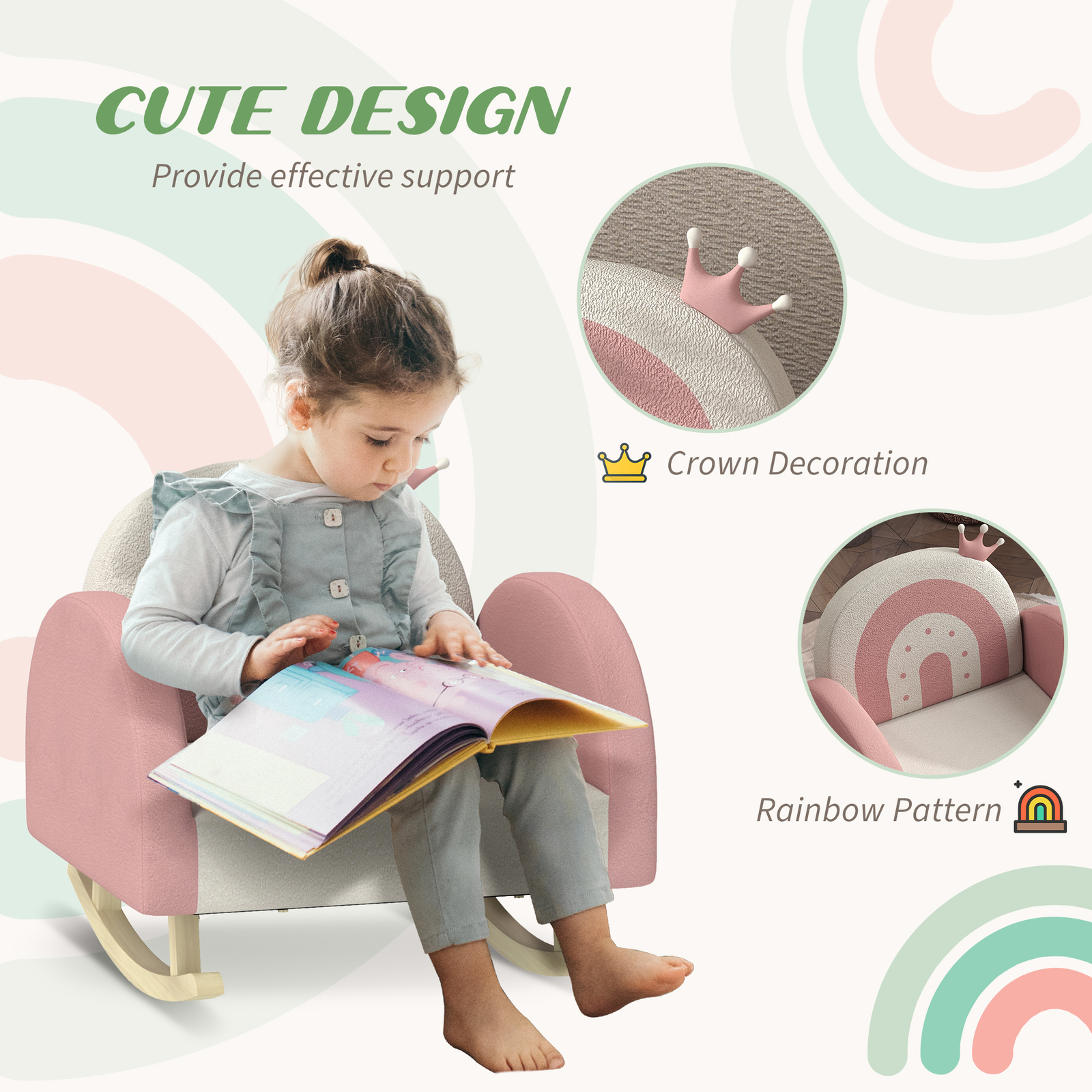 Kids Rocking Chair, Crown Decor Toddler Chair for Bedroom Playroom