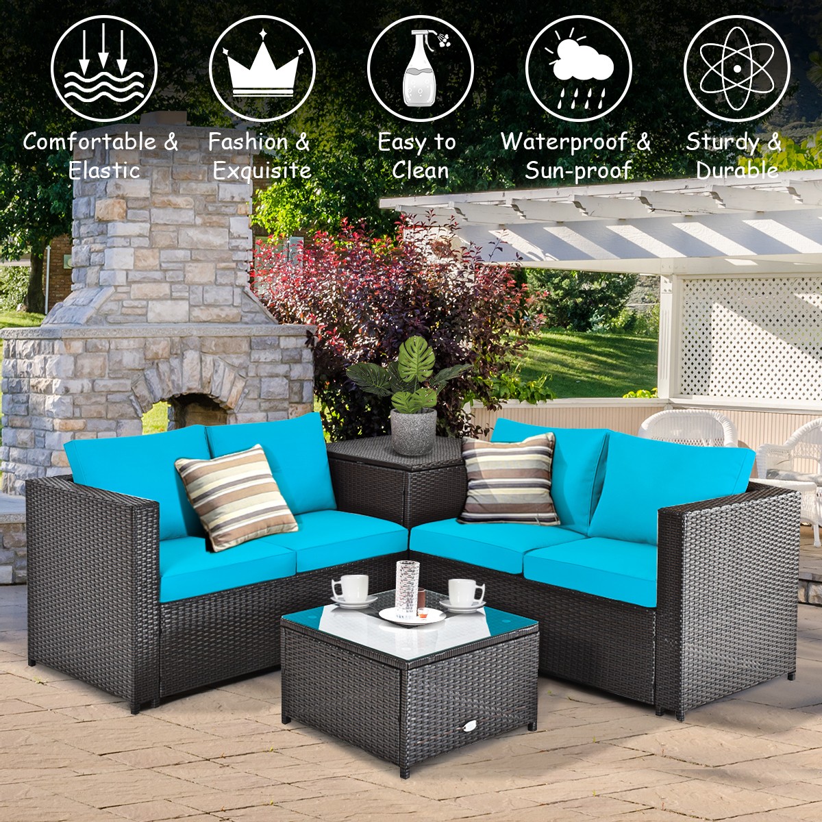 8PCS Outdoor Patio Rattan Furniture Set Cushion Loveseat Storage Table Turquoise