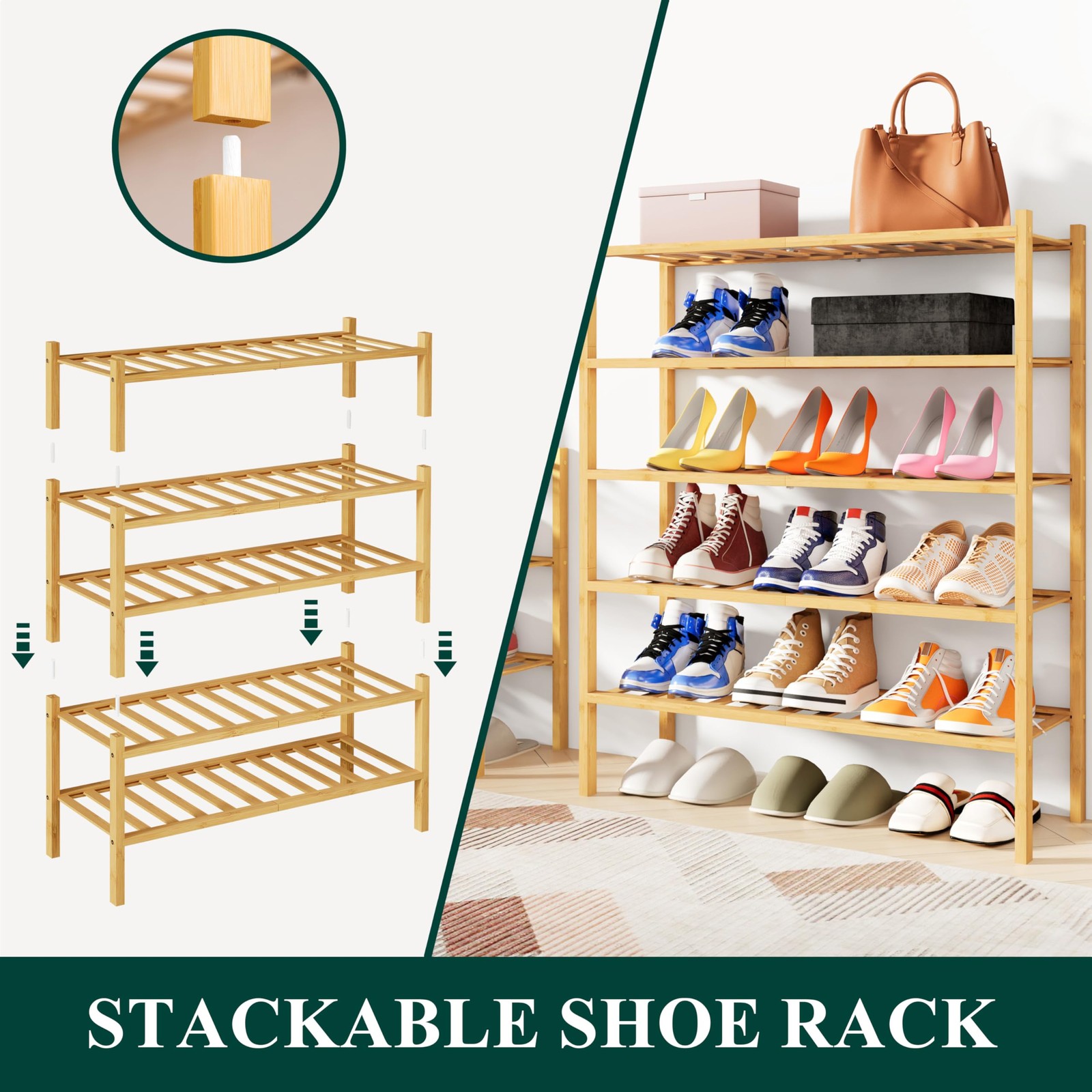 Shoe Rack, 3 Tier Bamboo Shoe Organizer, Stackable Free Standing Wooden Shoe ...