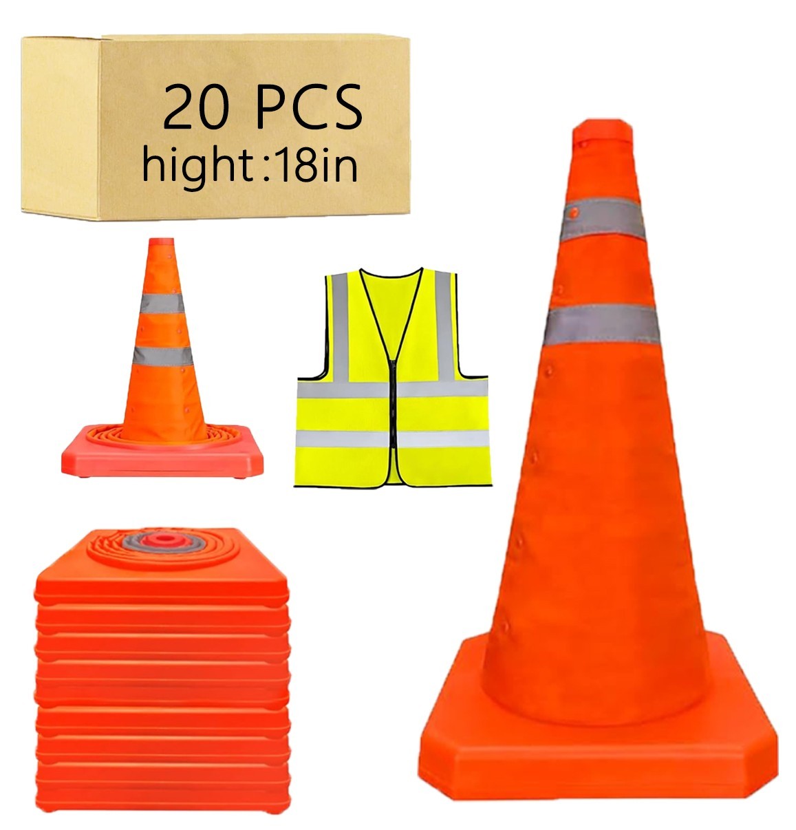 18 Inch 20 Pack Collapsible Reflective Traffic Cones Base Emergency Pop Up Cone