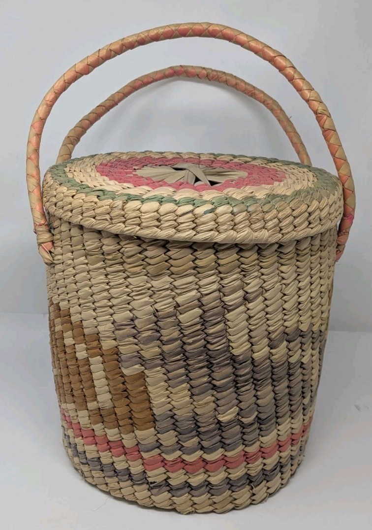 Hand Woven Basket Top Lid and Handles 11" X 11.5" Multicolored