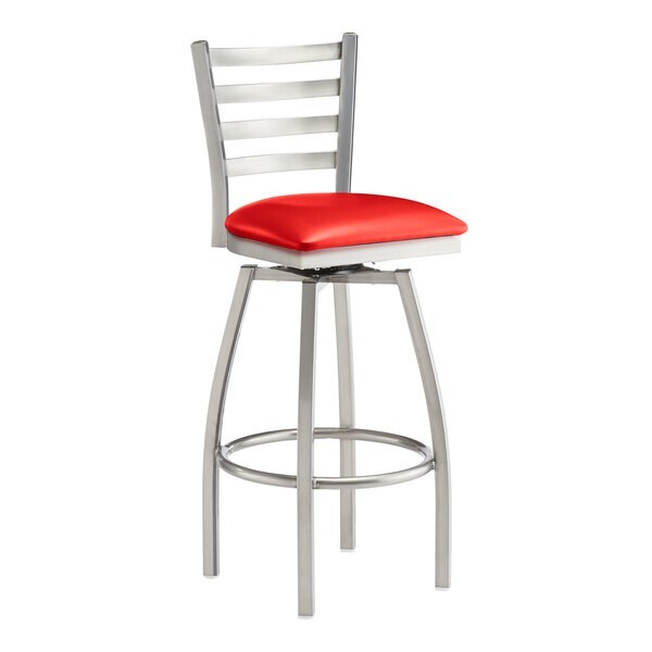 10 PACK Ladder Back Clear Coat Swivel Metal Restaurant Barstool With Red Vinyl