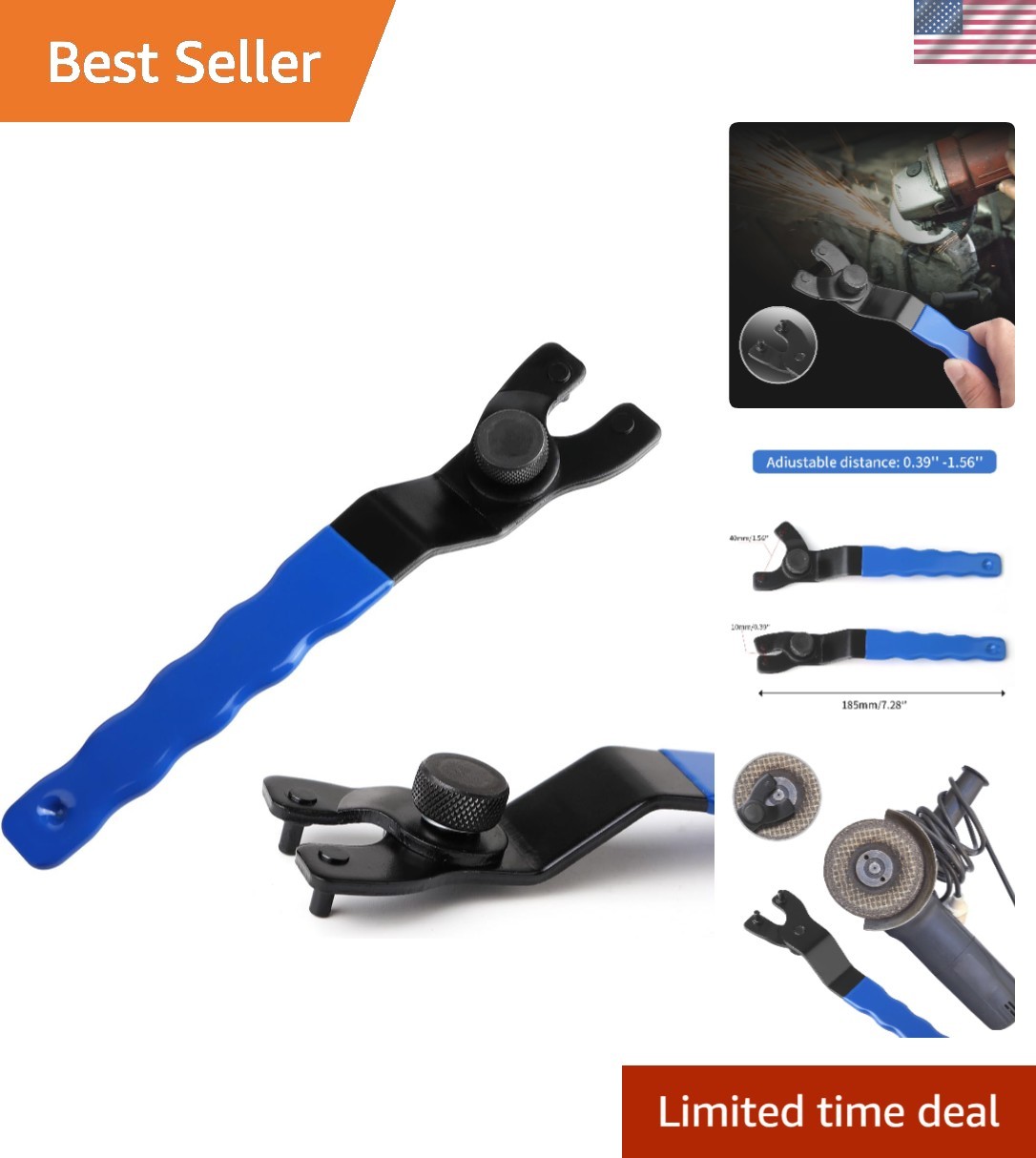 Blue Adjustable Pin Wrench - C Shaped for Angle Grinders, Durable 7.25-Inch Tool