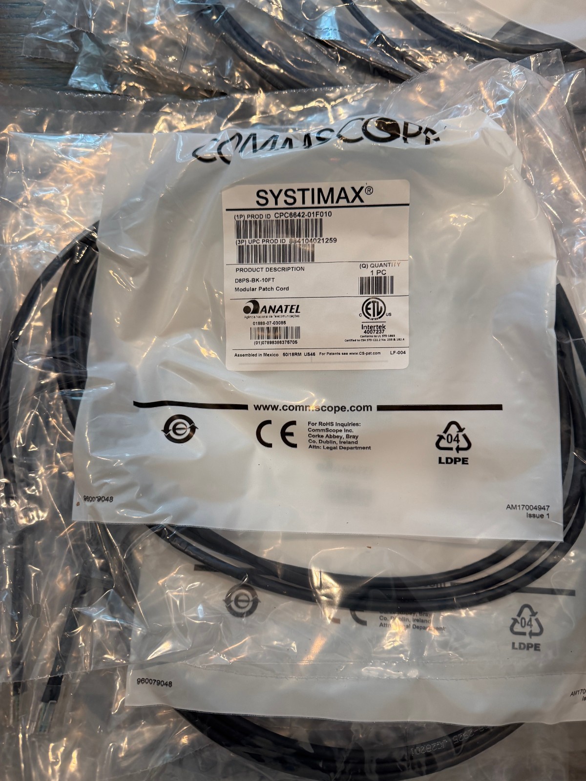 FAST SHIP - 7 Pack of Commscope Systimax D8PS-BK-10FT Patch Cord, Black, New