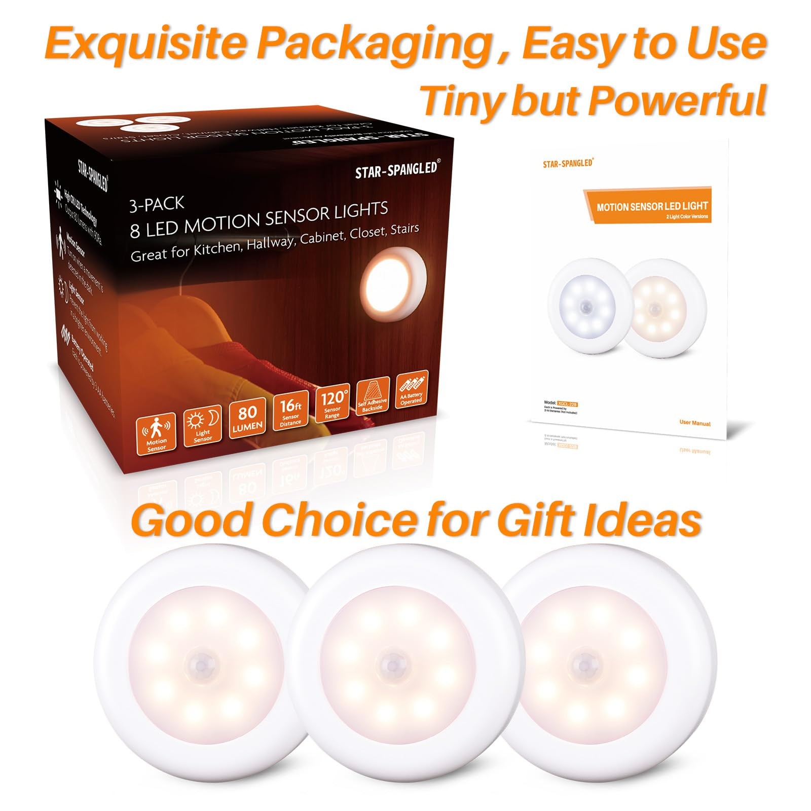 3.1” Motion Lights Indoor AA Battery, 3 Pack Warm