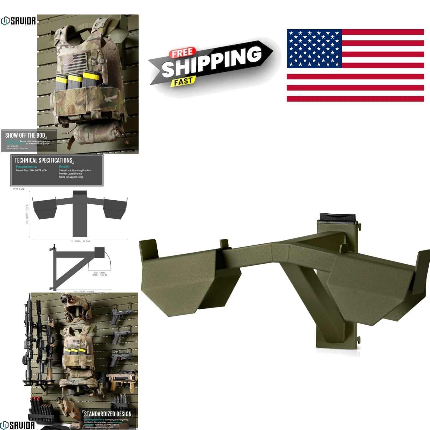 Heavy Duty Wall Mount Vest Rack with Swivel Lock Mounting Brackets Olive Green