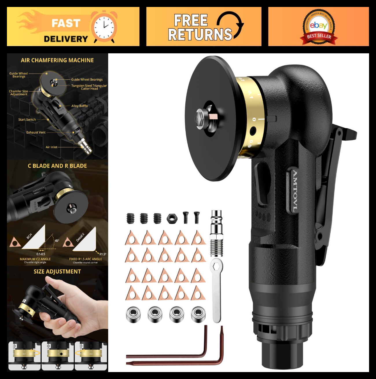 Mini Air Chamfering Tool - 10 C-Angle & 10 R-Angle Blades, 45° 30000 RPM for Met