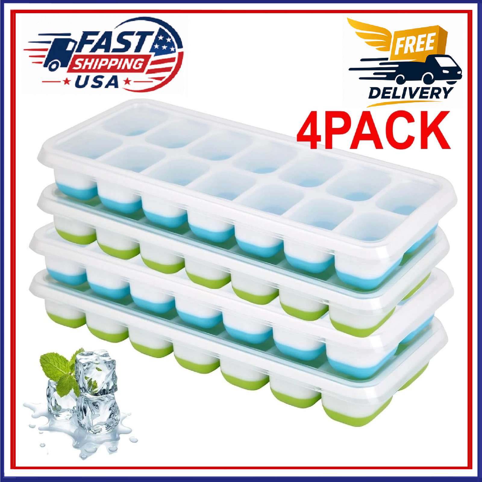 Ice Cube Tray, 4 Pack Silicone Ice Tray, 14 Ice Cube Molds with Lids, Stackable