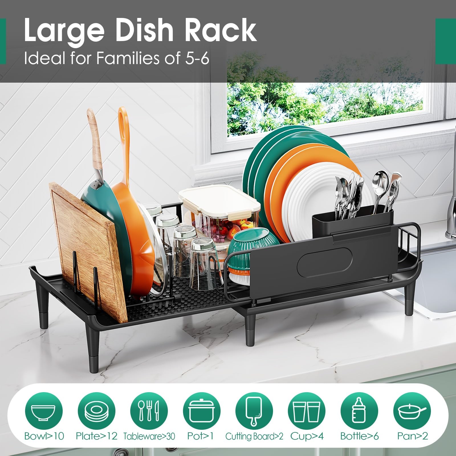 Extendable Dish Drying Rack for Kitchen Counter, Large Expandable Dish Rack w...
