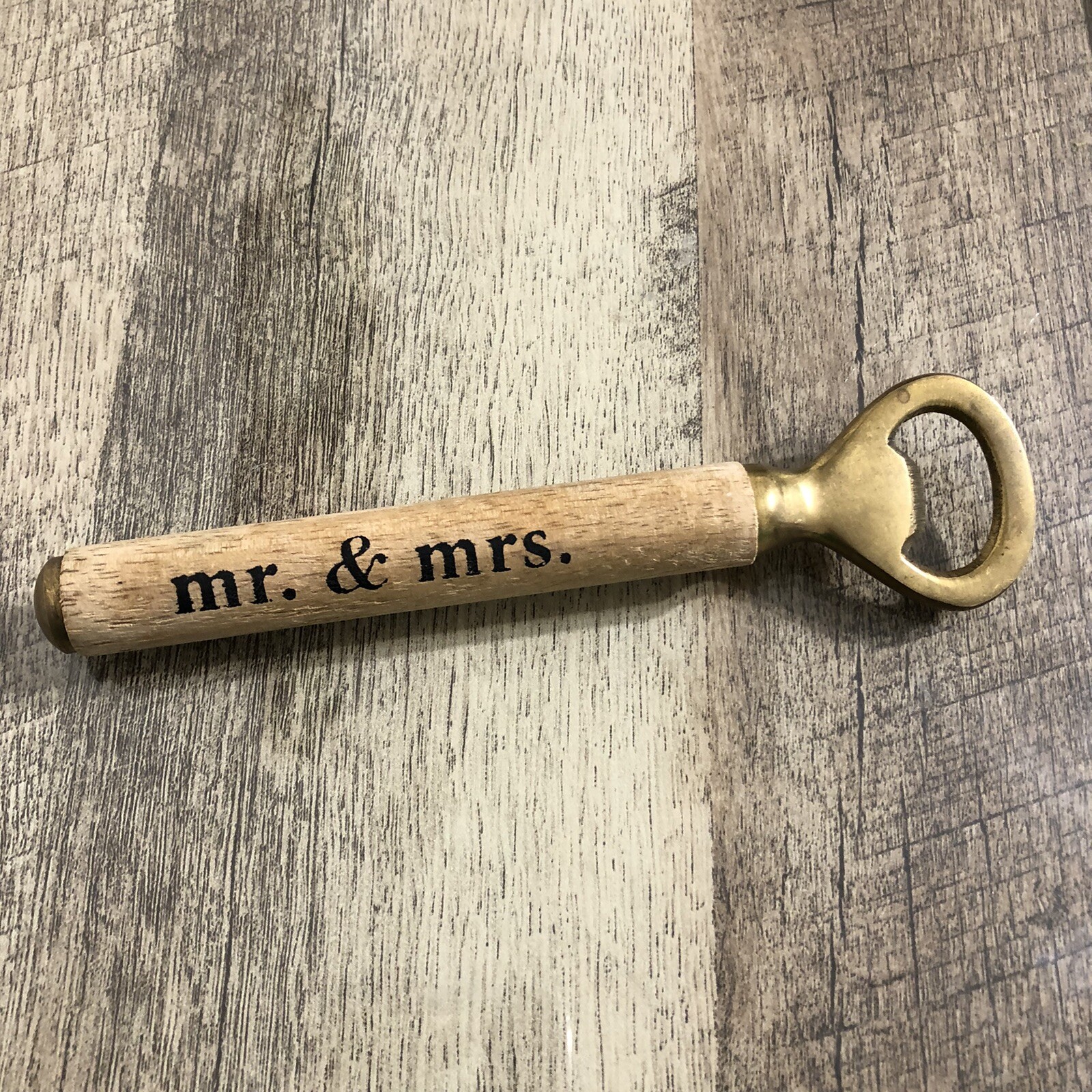 Wooden Handle Brass Top Mr. & Mrs. Bottle Opener Vintage