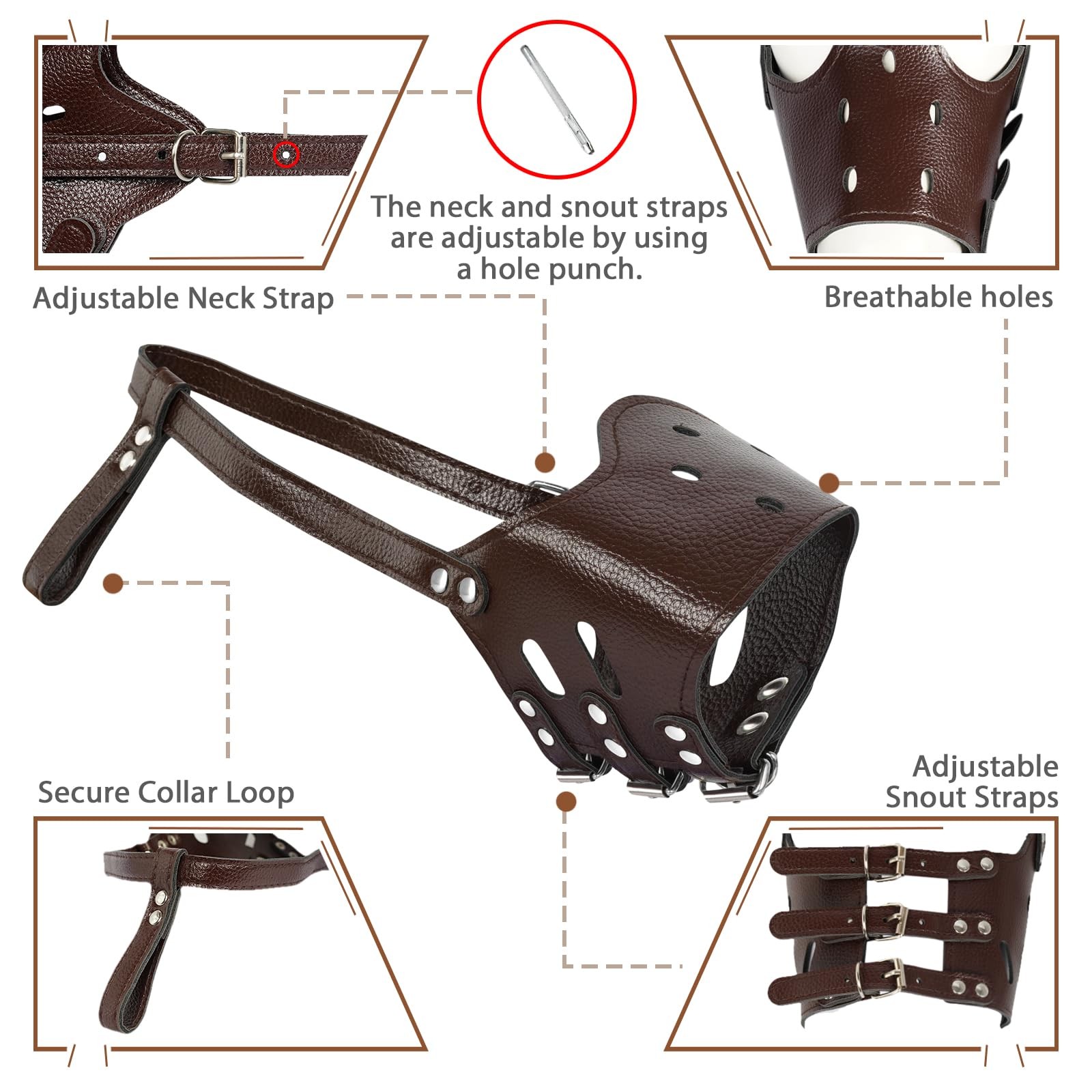 Leather Dog Muzzle for Large Breeds - Soft, Secure, Anti-Barking Design