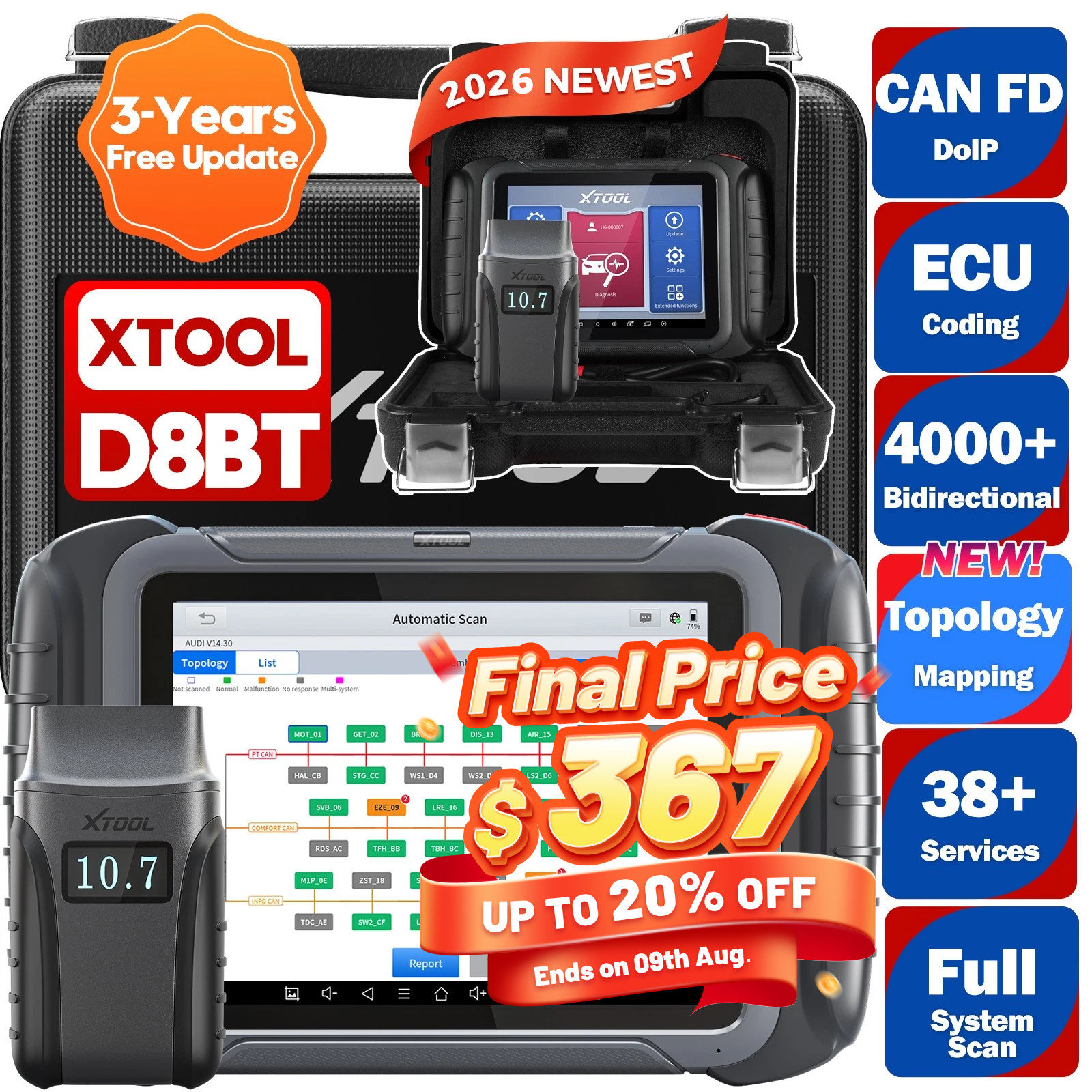 XTOOL D8BT Bidirectional OBD2 Scanner All Diagnostic Tool Topo Mapping 38+Resets