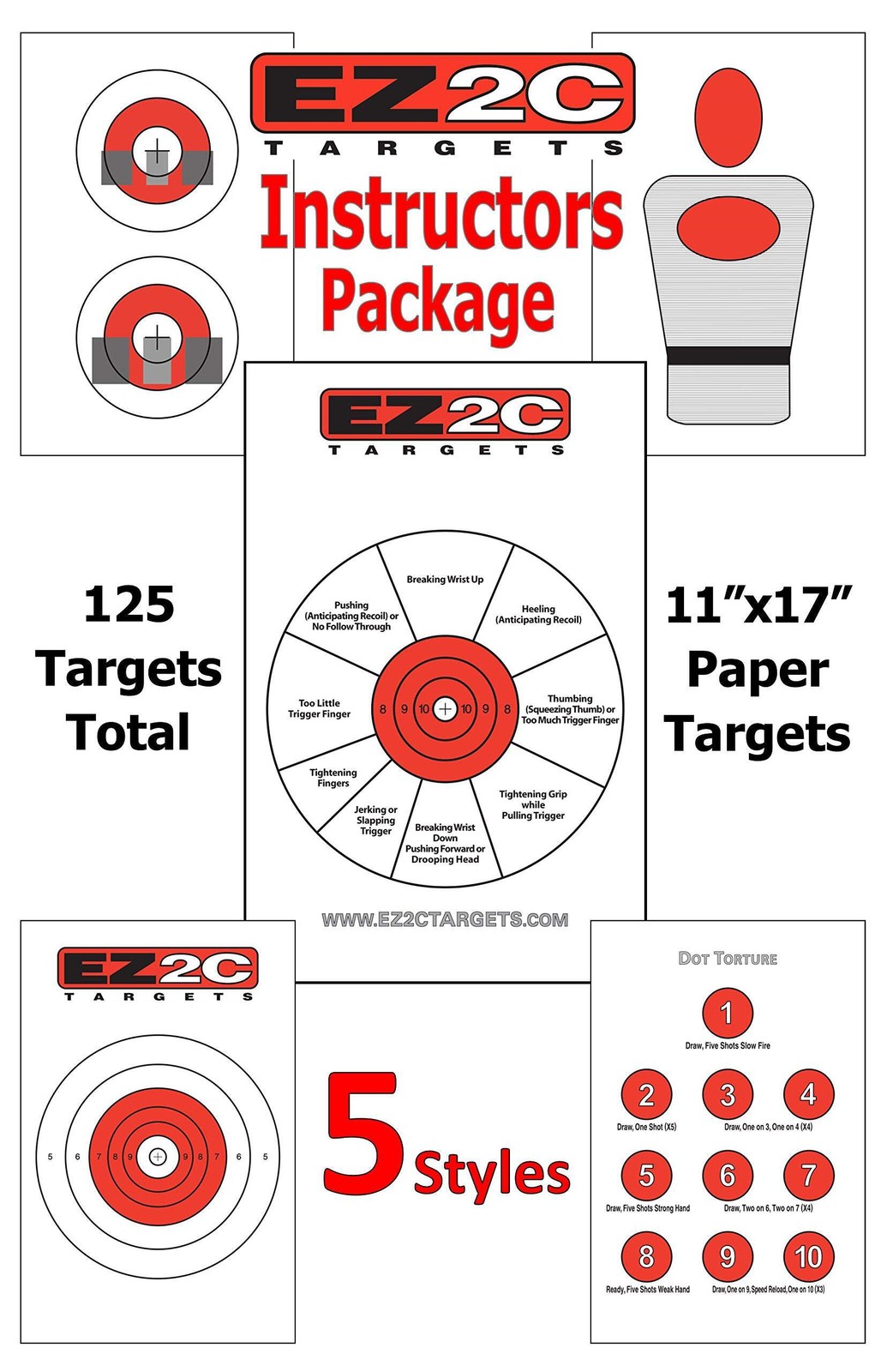 125 EZ2C Targets Instructors Favorites 5 Styles Paper Targets Bundle 11"x17" USA