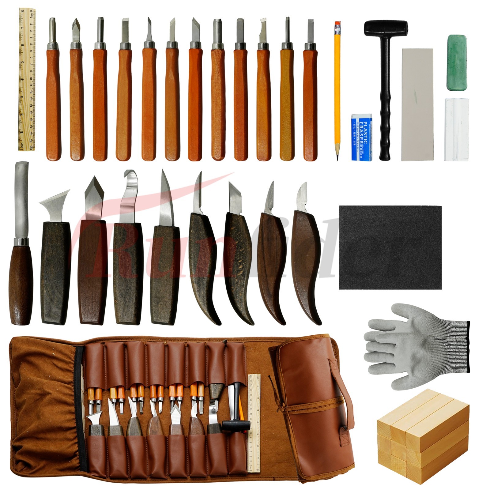 44-Piece Wood Carving Set with Leather Case – Knives, Chisels & Sharpening Stone