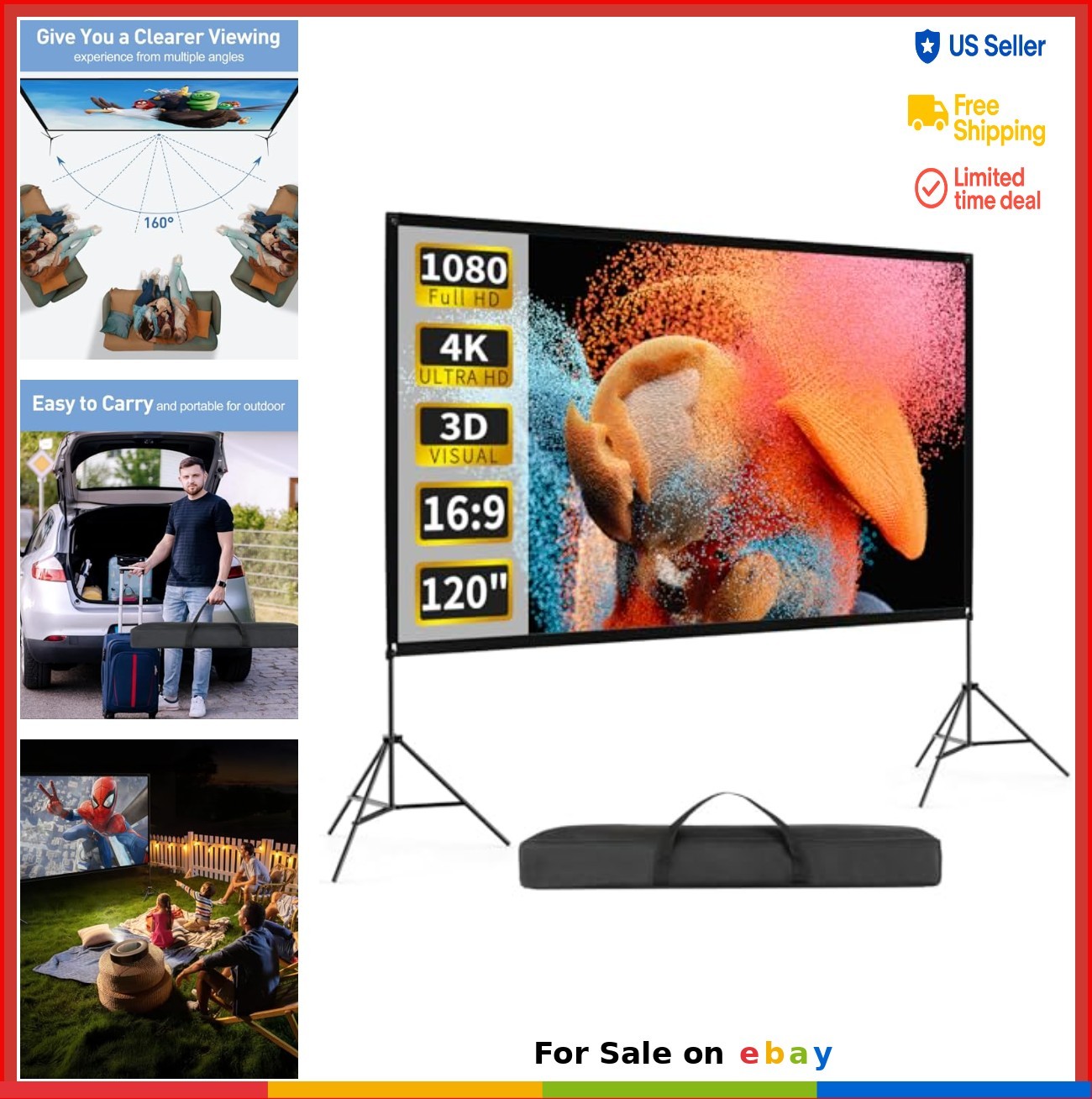 120 Inch Projector Screen with Stand 4K HD 16:9 Portable Outdoor Indoor Tripod