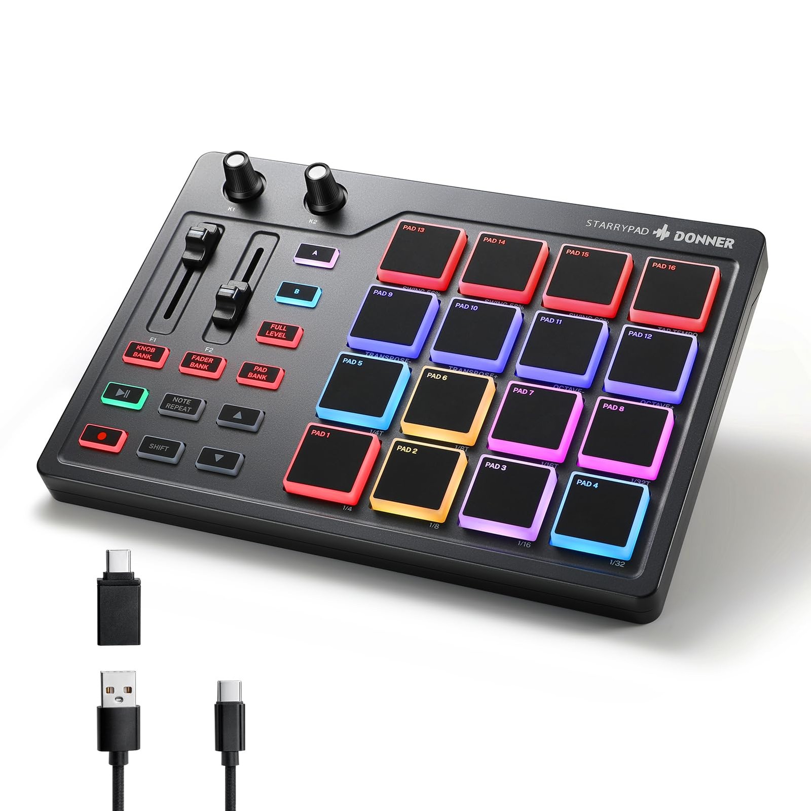 Donner MIDI Pad Beat Maker Machine Professional, Drum with 16 Black