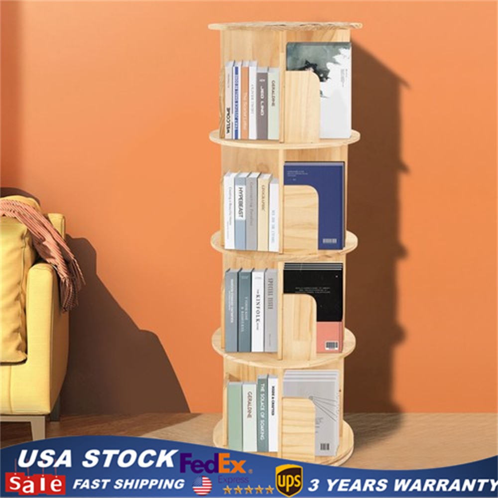 4 Tier Bookshelf Rotating 360 Display Floor Stand Bookcase Storage Shelving Wood