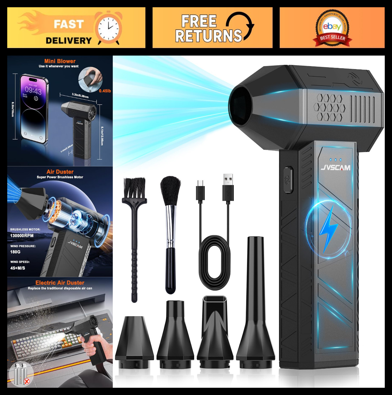 Rechargeable Electric Air Duster - 3 Speed Compressed Air Blower for PC, Keyboar