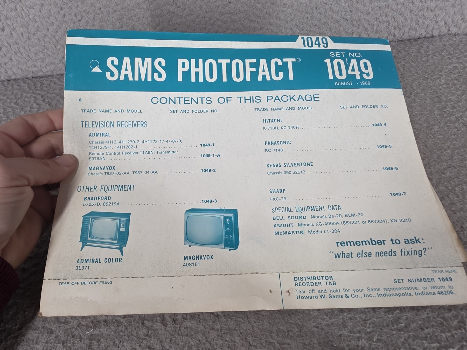 Sams Photofact 1049 Vintage TV, Electronic Repair Service Manuals 1969