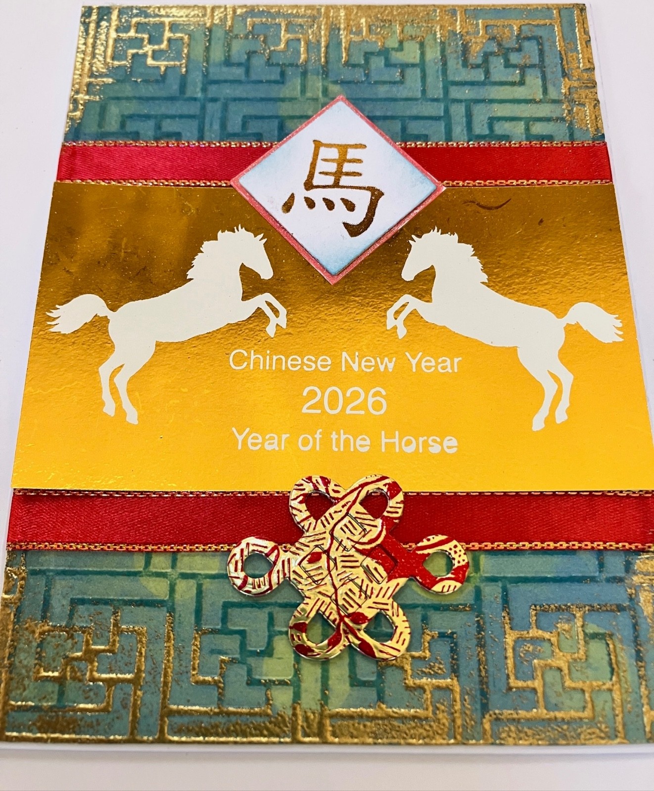 Chinese New Year 2026 - GOLD - Horses between RED  ribbon - handmade Card by DEE