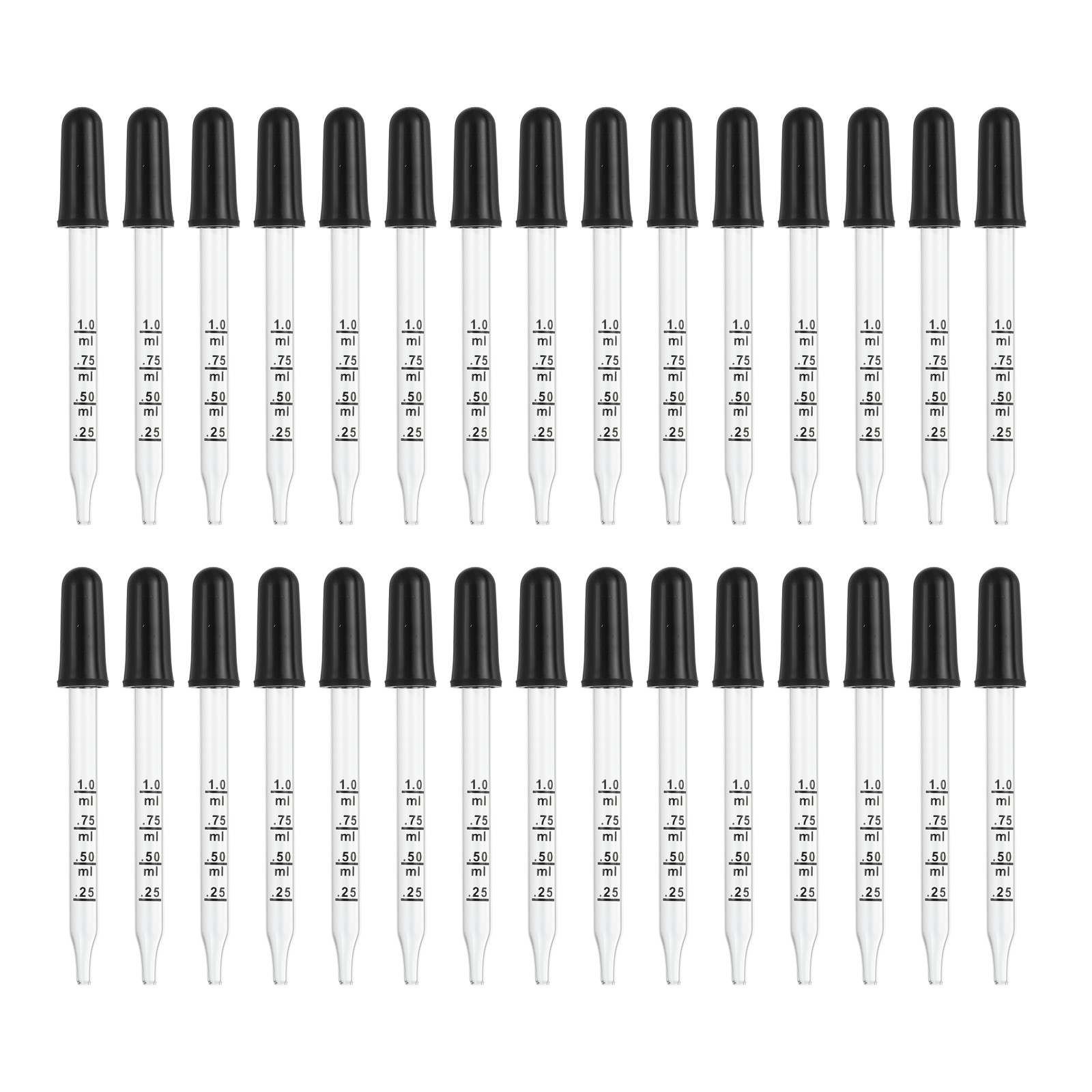 30Pcs 1ml Glass Straight Tip Eye Dropper with Rubber Cap Clear Black