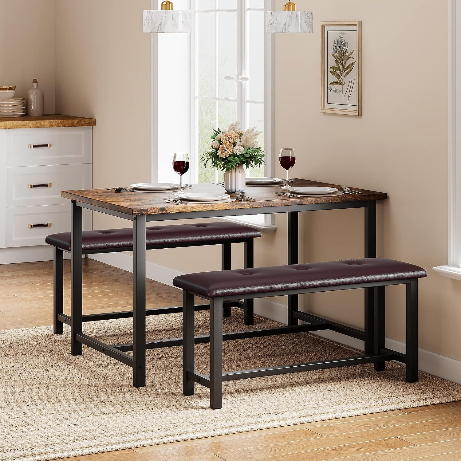 Dining Table Set for 4, Kitchen Table Set for 4 with Upholstered Benches, Rectan