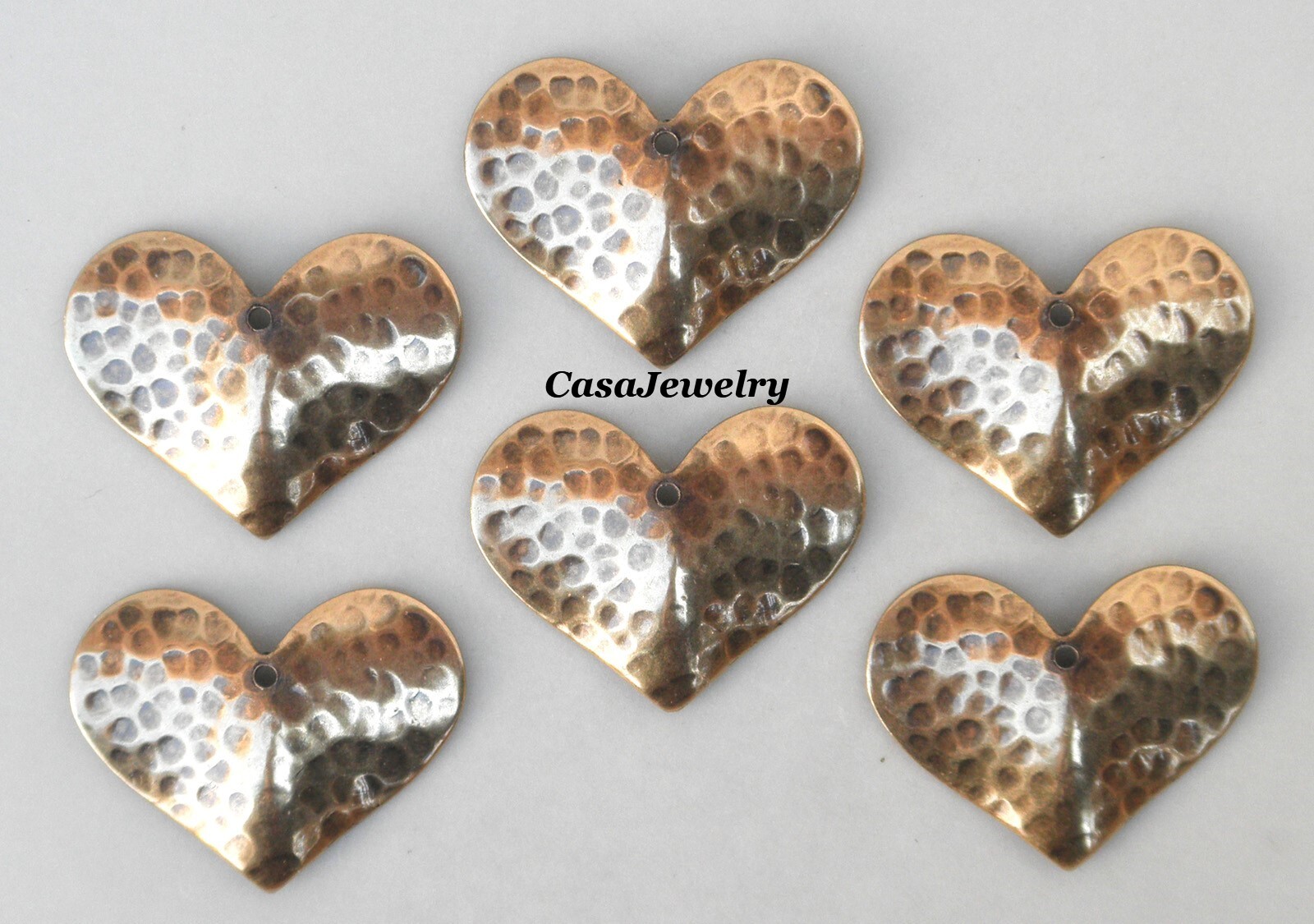 #3518 ANTIQUED GOLD DAPPED HAMMERED HEART W/TOP HANG HOLE - 6 Pcs