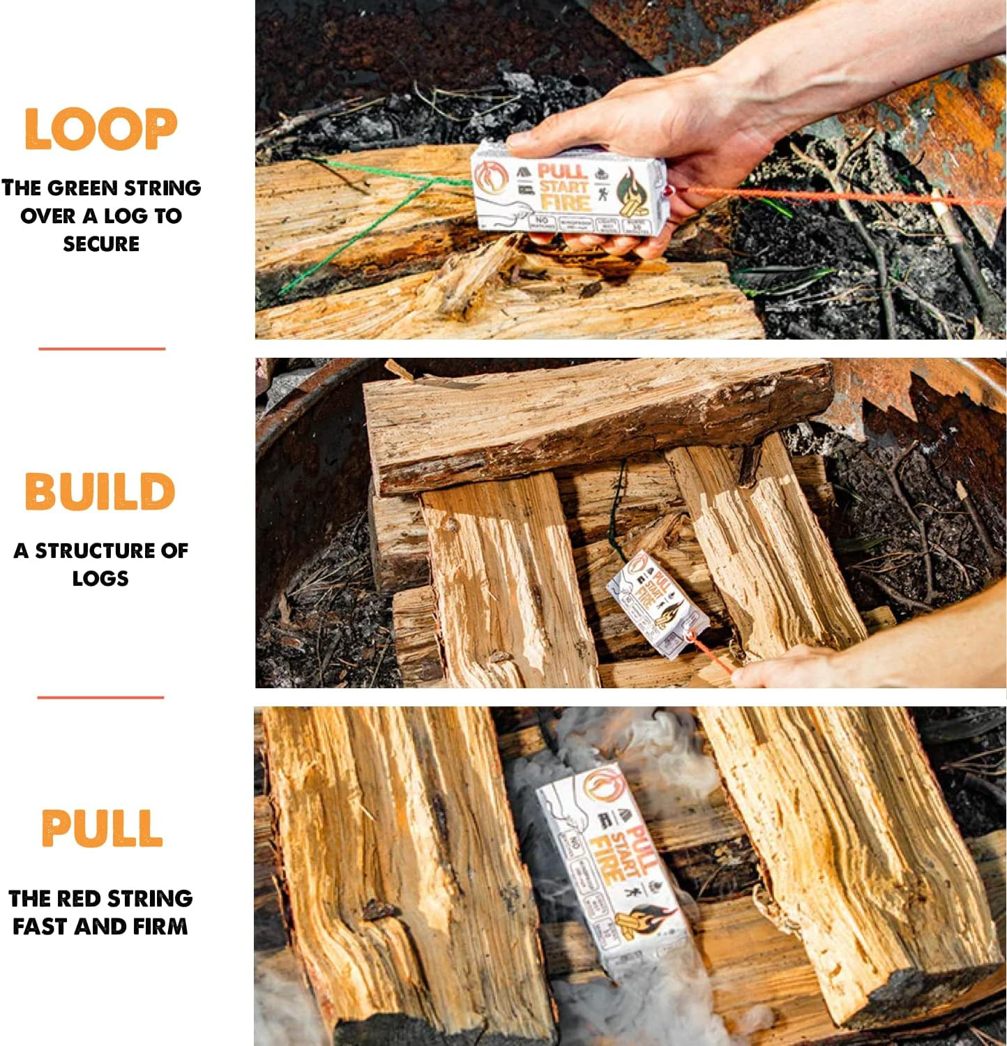 Pull Start Fire String Firestarter | No Matches Required, 3 Count, White