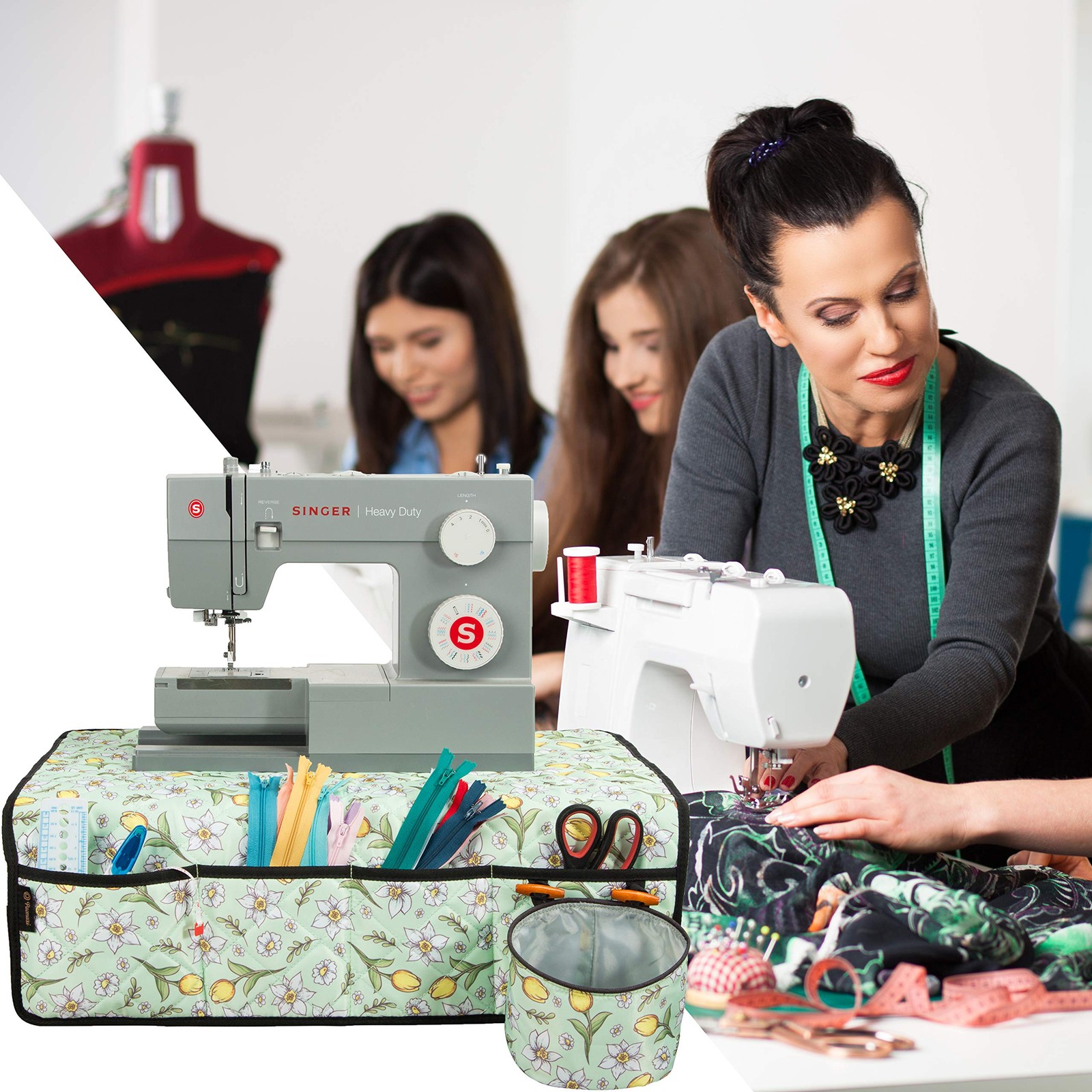 PACMAXI Sewing Machine Pad for Table with 4-Floral With Green Background