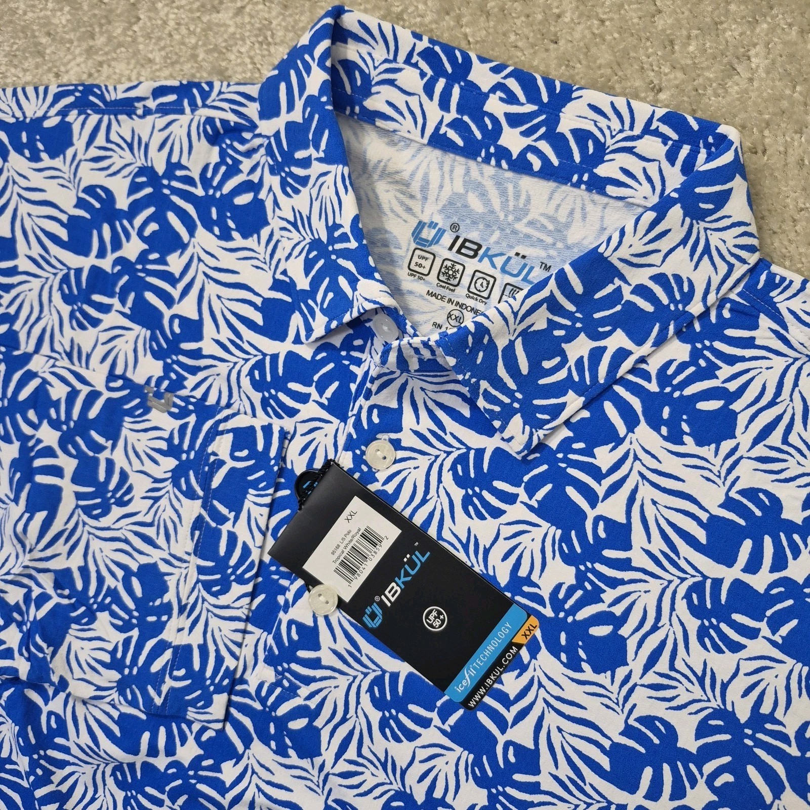 IBKUL Polo Shirt Mens 2XL Blue Floral Long Sleeve Golf Performance Outdoor UPF