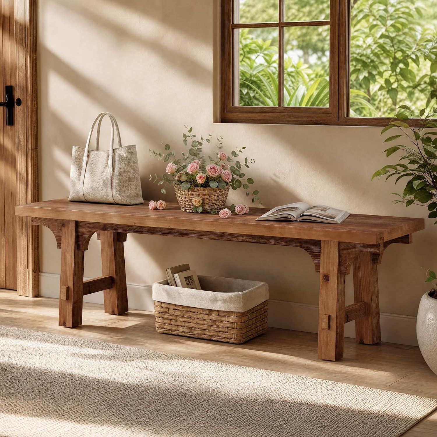 63-Inch Solid Wood Entryway Bench Modern Long Indoor Shoe Bench Seat for Hallway