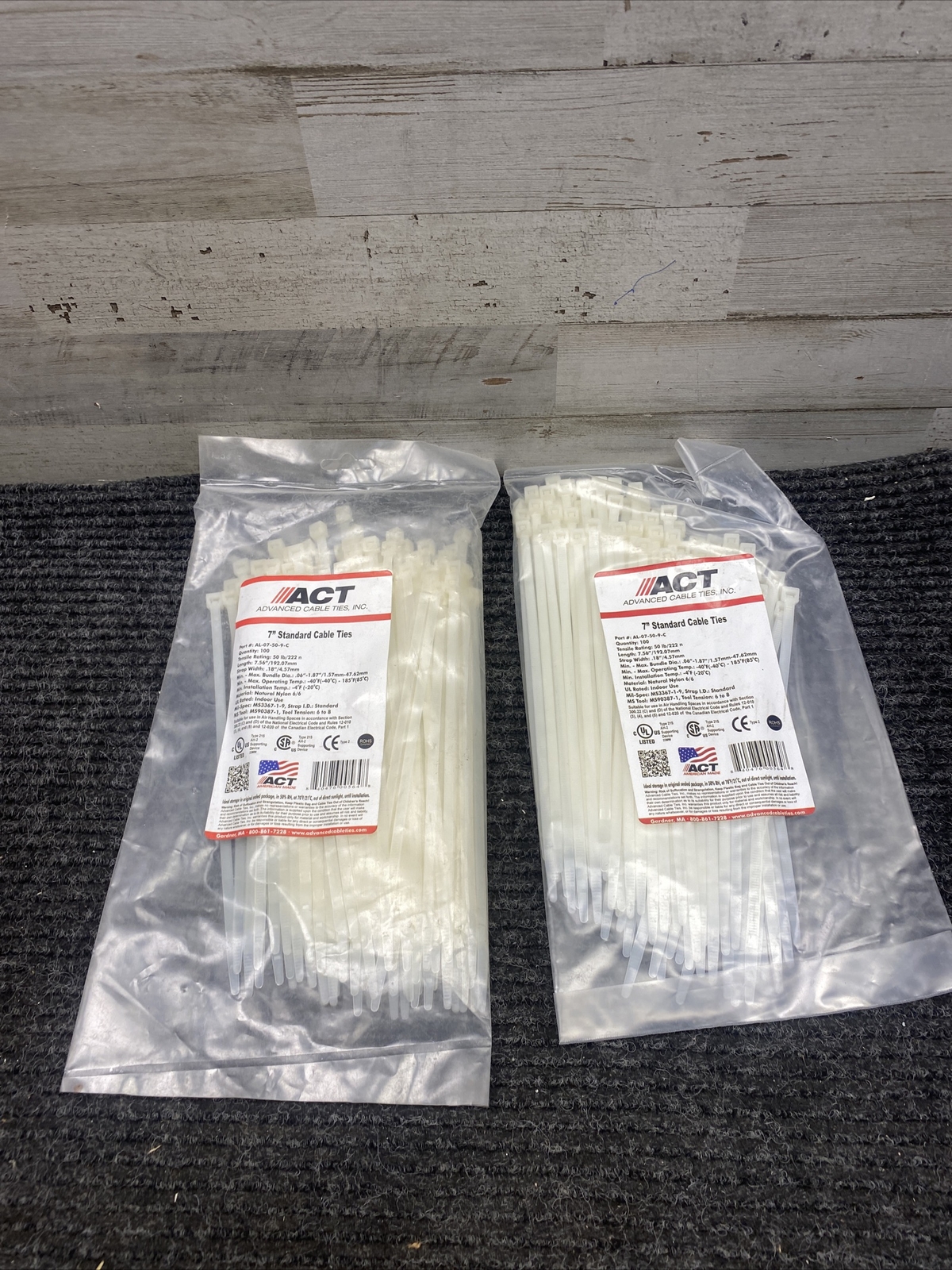 New Lot of 2 - ACT 7" Inch Cable Ties 100 Per Pack, 200 Total AL-07-50-9-C