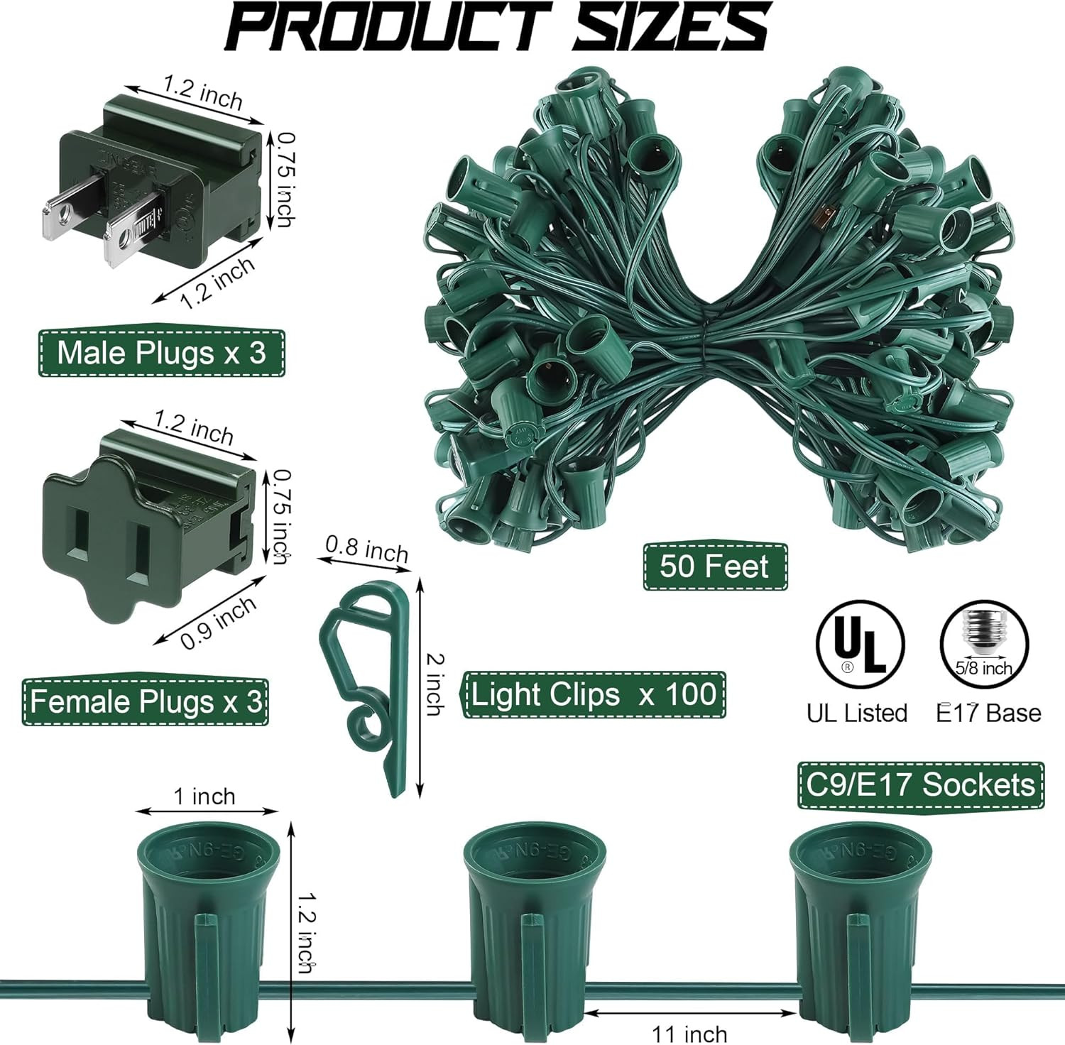 50 Ft C9/E17 Christmas Light Sockets Set Outdoor UL Listed String Light Include