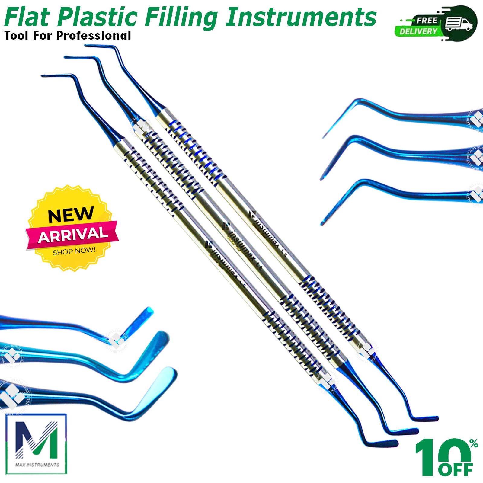 Dental Flat Plastic Composite Filling Instruments Titanium Coated Tips Set of 3