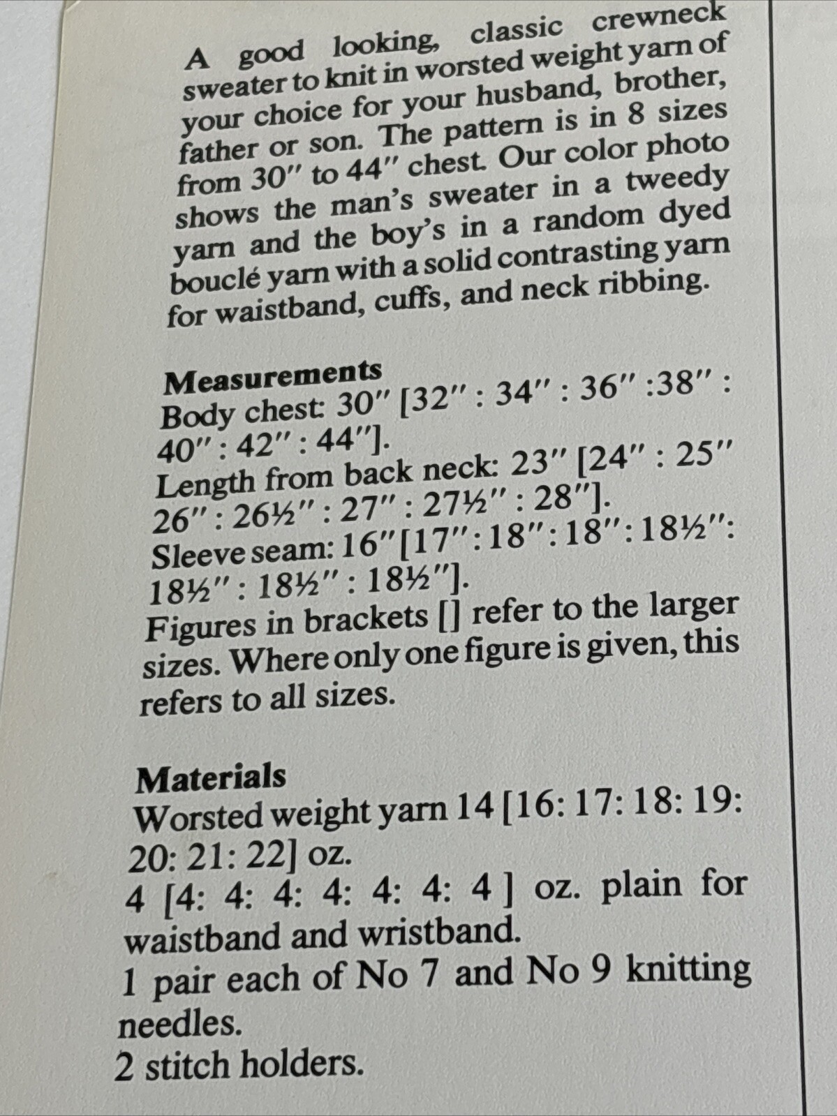Crewnecks Father & Son Sweater Knitting Pattern Card