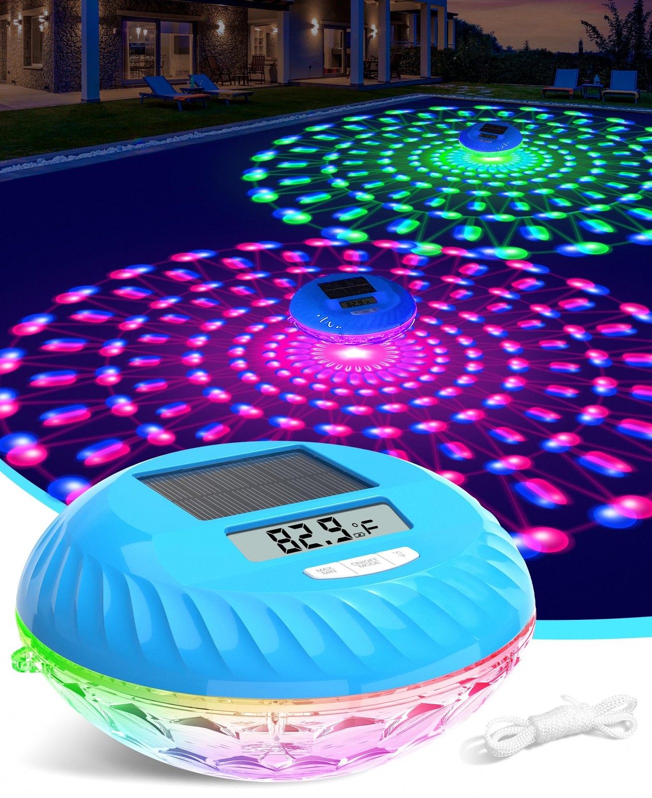 LuxBlue Floating Solar Pool Thermometer with Dynamic Lighting Effects | Large...