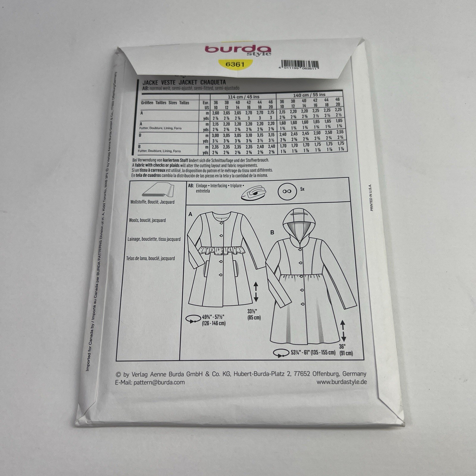 Burda Style 6361 Front Button Jacket 2 Lengths Misses' 10-20 Pattern Uncut Y2K
