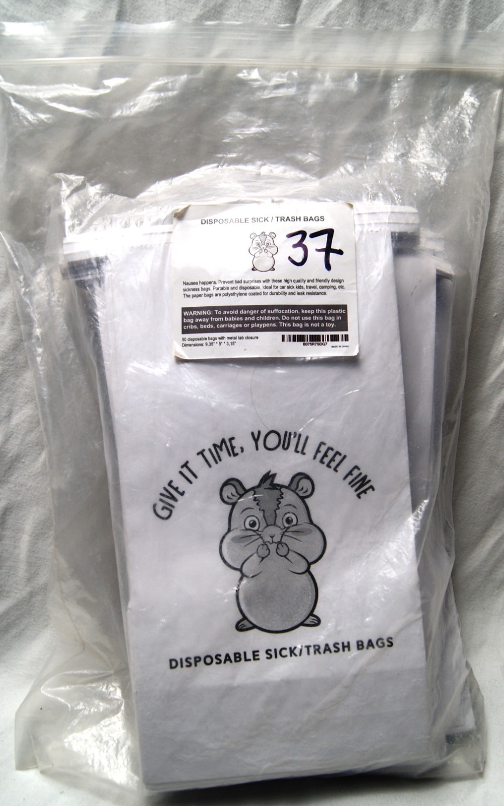 lot of 37 disposable sick barf diaper bags 9.35" x 5" x 3.15" white w/ cartoon