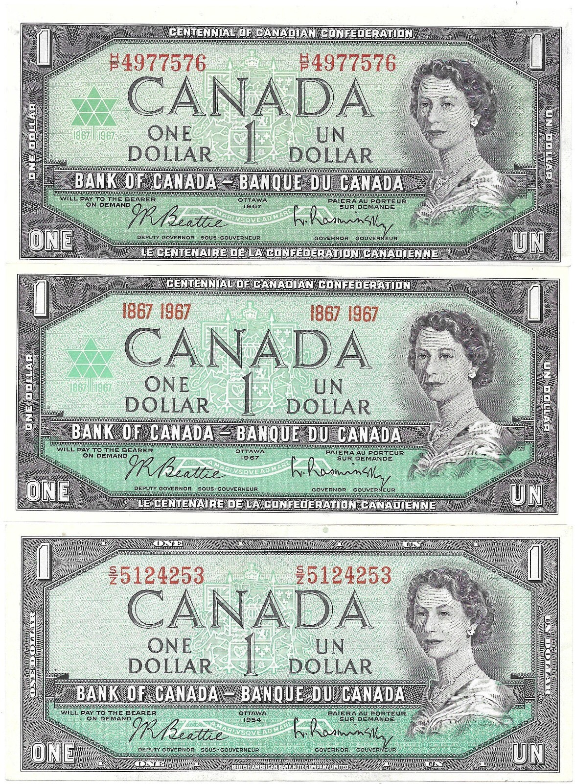 3 Different Canada $1 Notes, 1954-1967, Lot C, AU/UNC