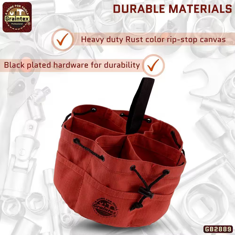 10 In. 18-Pockets Grab Tool Bag with Drawstring Closure in Rust Canvas