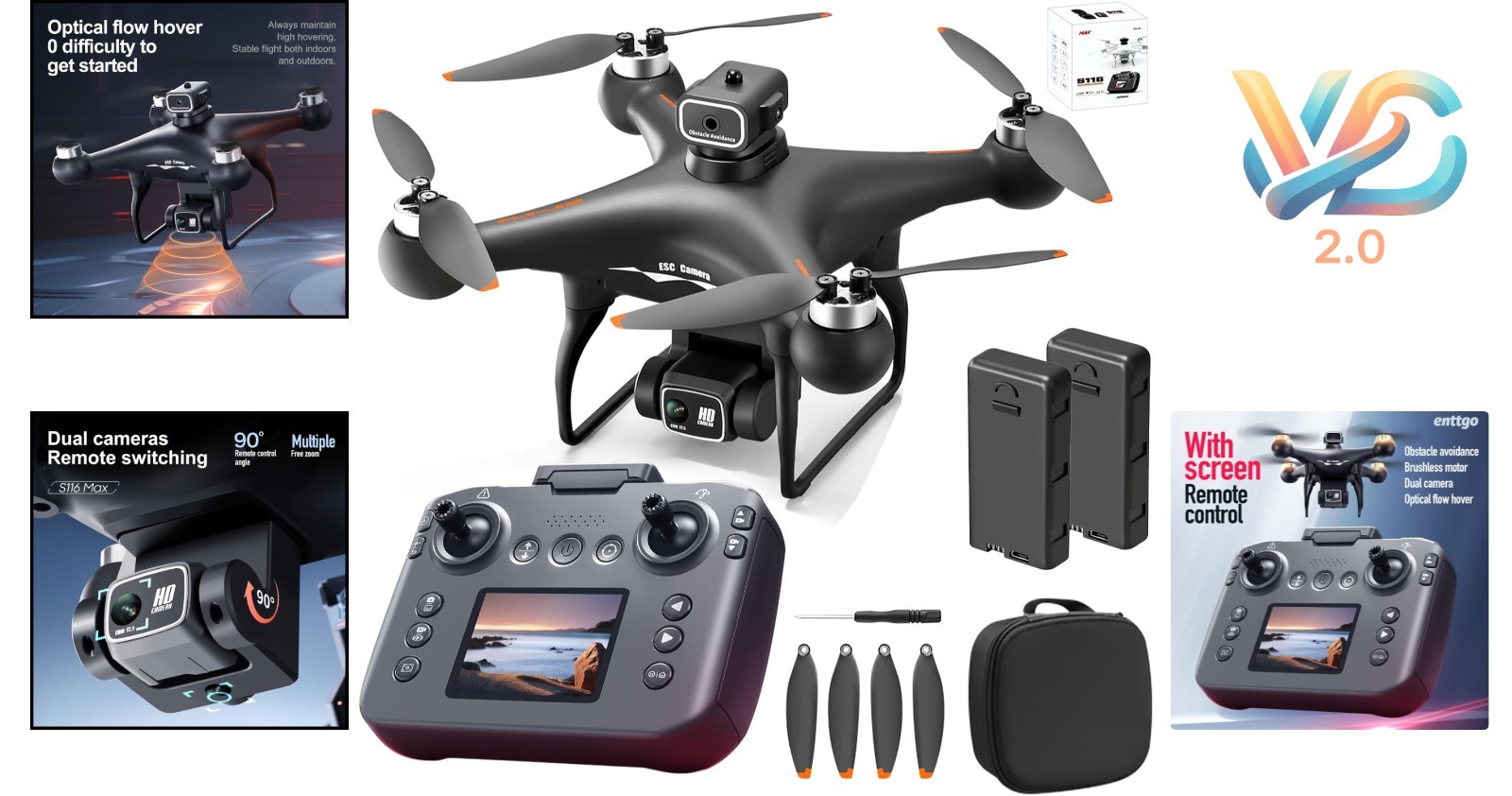 S116 GPS Drone with Screen Controller, 2 Batteries, Obstacle Avoidance, Black