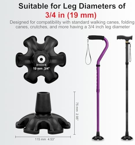 Cane Tip - Self Standing 6 Prong Support Rubber Base for Walking Stick & Cane -