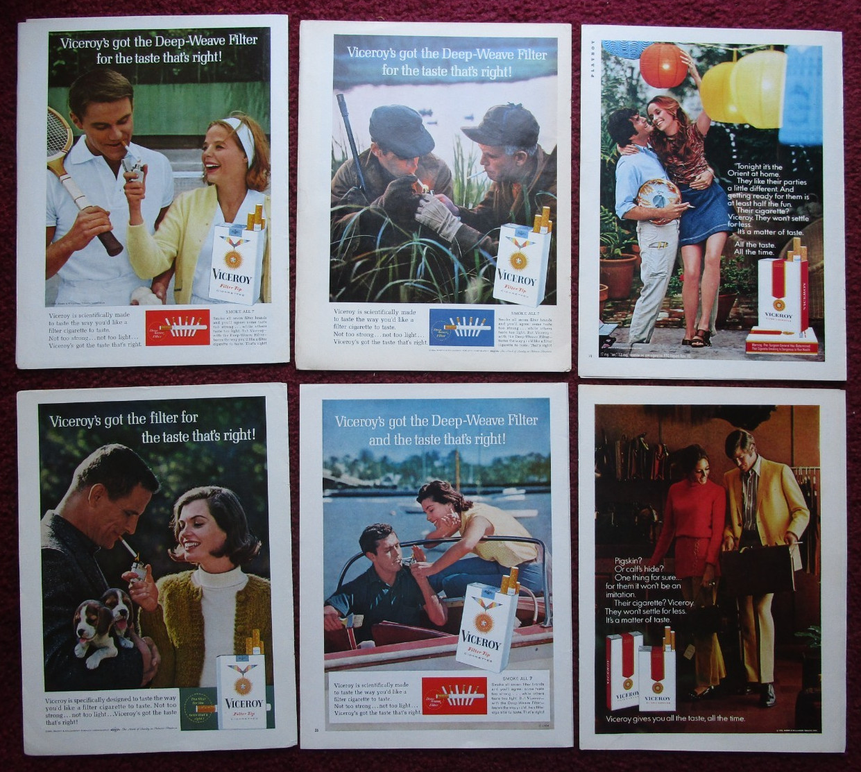 Lot of 12 Diff VICEROY Cigarettes Tobacco Print Ads ~ Couples, Tennis Hunting ++