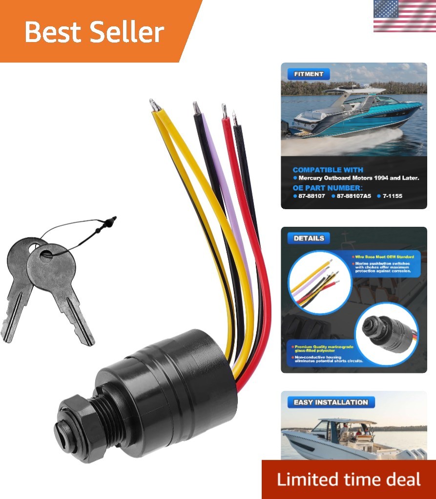 Boat Ignition Switch with 2 Keys 6 Wire Connectors Compatible with Mercury Ou...